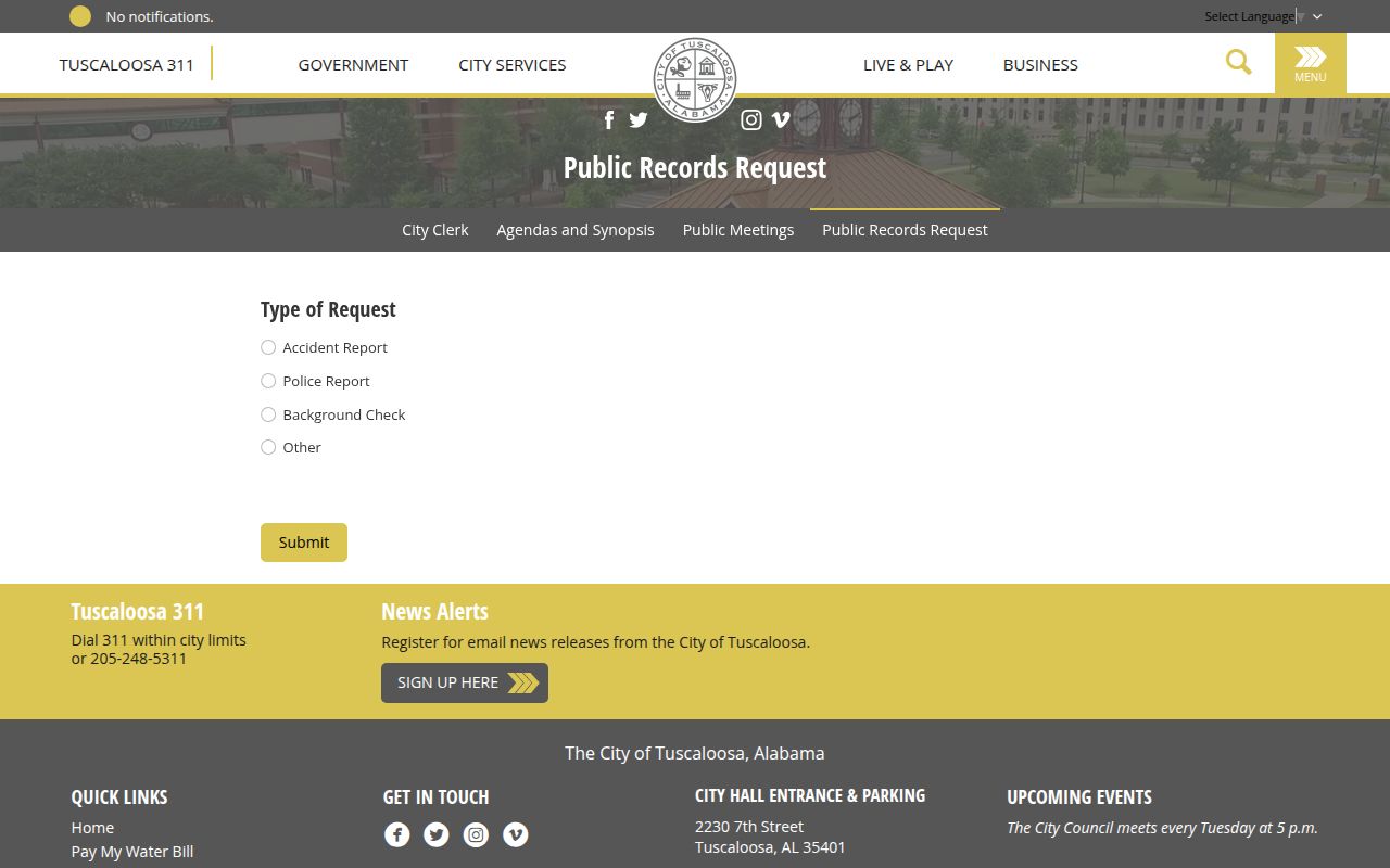Tuscaloosa City Clerk public records request page
