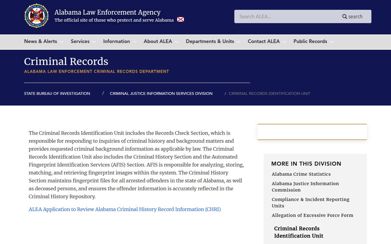 ALEA Criminal Records Identification Unit for background checks